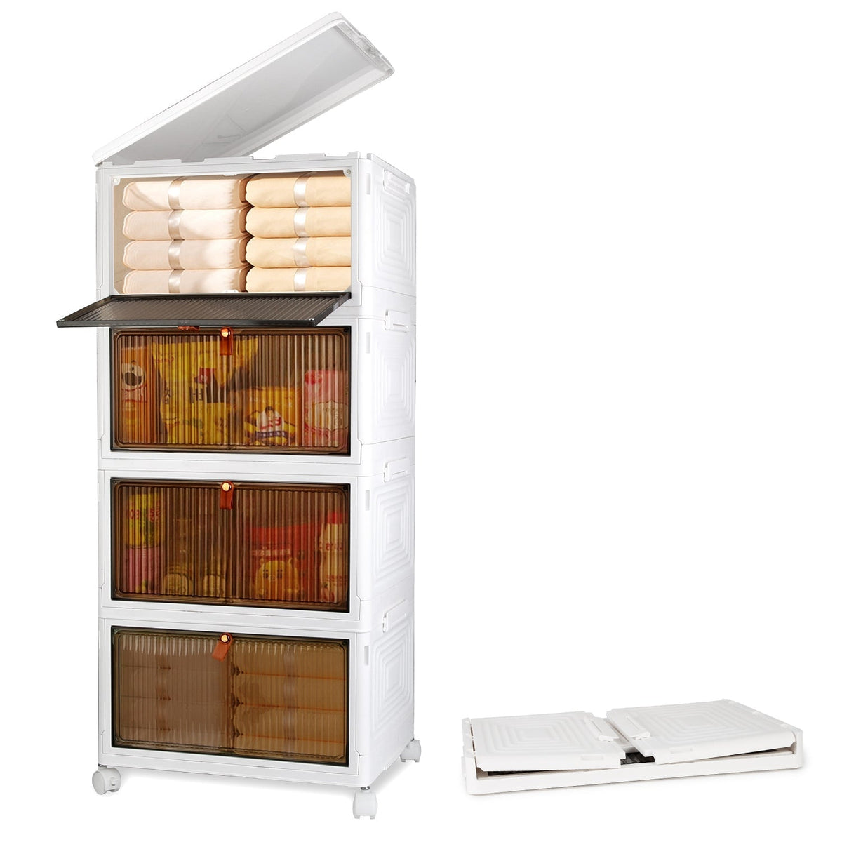 4-Tier Foldable Storage Bins with Lid Front Magnetic Door Collapsible Stackable Closet Organizer Containers with 4Pcs 360¡ Rotatable Wheels