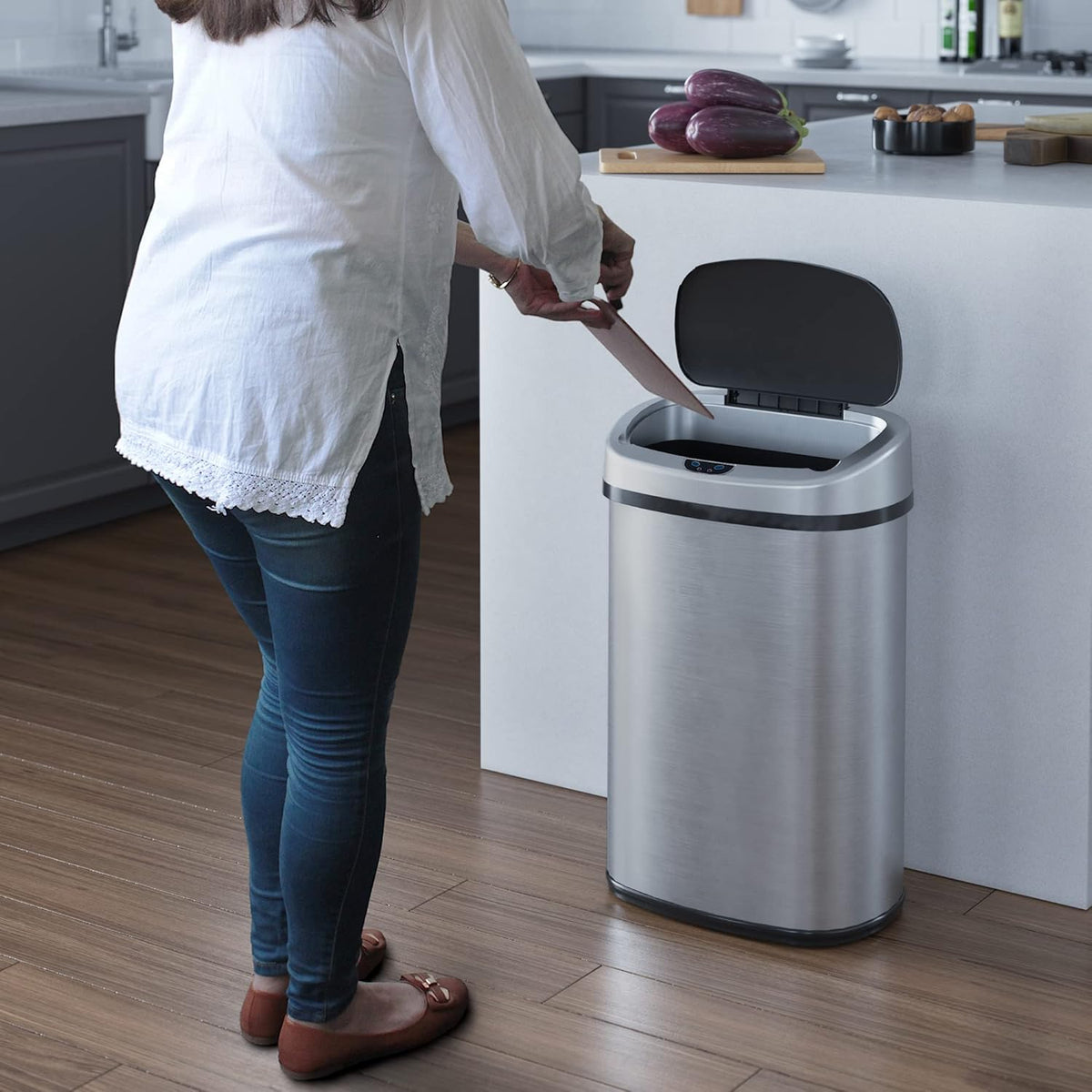 iTouchless SensorCan 50 Liter / 13 Gallon Kitchen Trash Can with Lid & Odor Filter – Motion Sensor Stainless Steel Garbage Bin for Home, Office, or Garage – Slim Oval Shape, Large Capacity Design