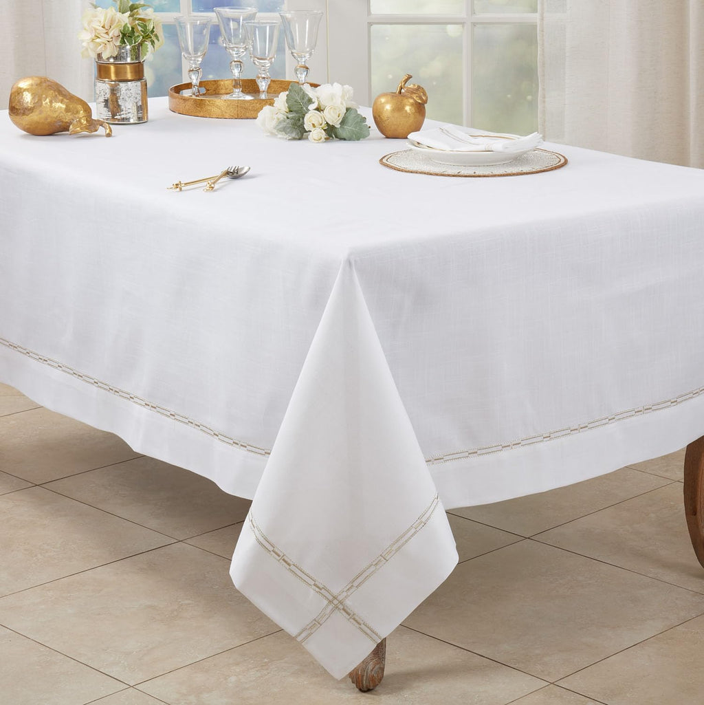Fennco Styles Gold Embroidered Border Tablecloth 65" W x 90" L - Metallic Design Table Cover for Home Décor, Everyday Use, Christmas, Banquets and Special Events