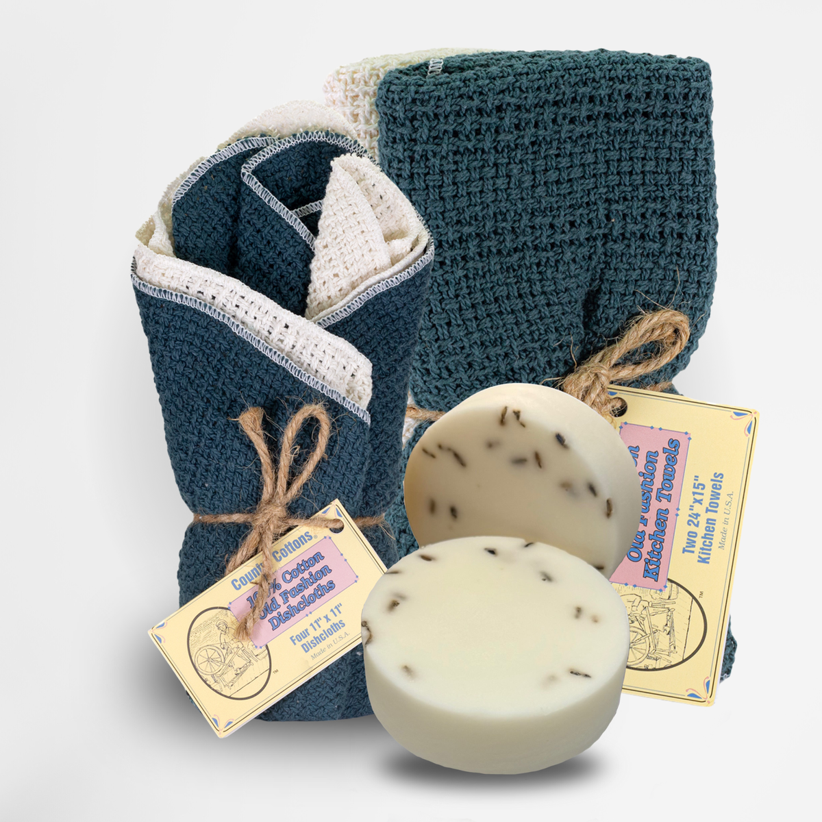 Starter Kit 100% Cotton Dishcloth 11" x 11" (4), Kitchen Towel 24" x 15" (2), Dish Soaps (1 Each Scent)