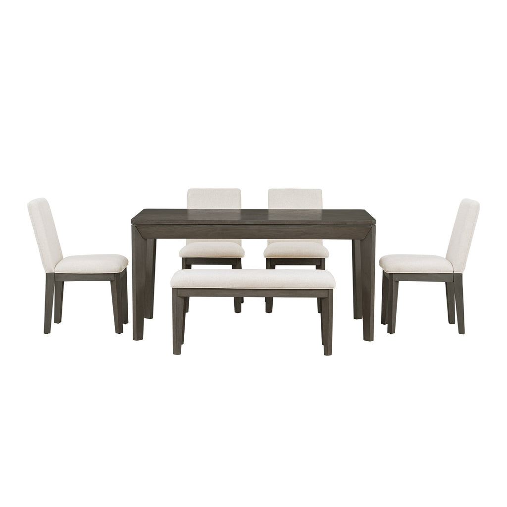 TOPMAX 6-Piece Dining Table Set with Upholstered Dining Chairs and Bench Farmhouse Style Tapered Legs Dark Gray+Beige