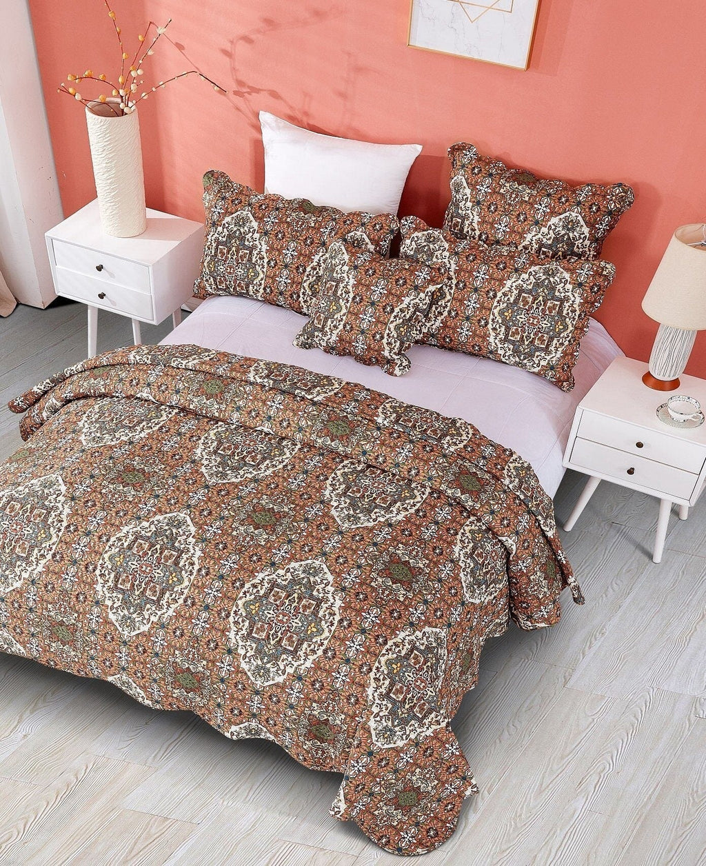 DaDa Bedding Rustic Earthy Cross Motif Folk Ogee Moroccan Scalloped Quilted Bedspread Set (JHW-944)