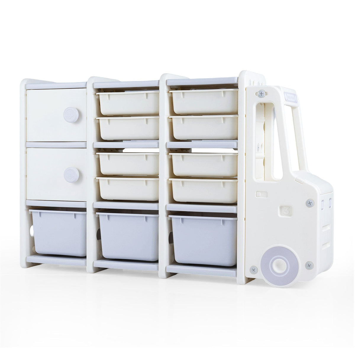 Kids Toy Storage Organizer Truck-shaped Toy Chest with 2 Cabinets and 11 Removable Bins-Grey
