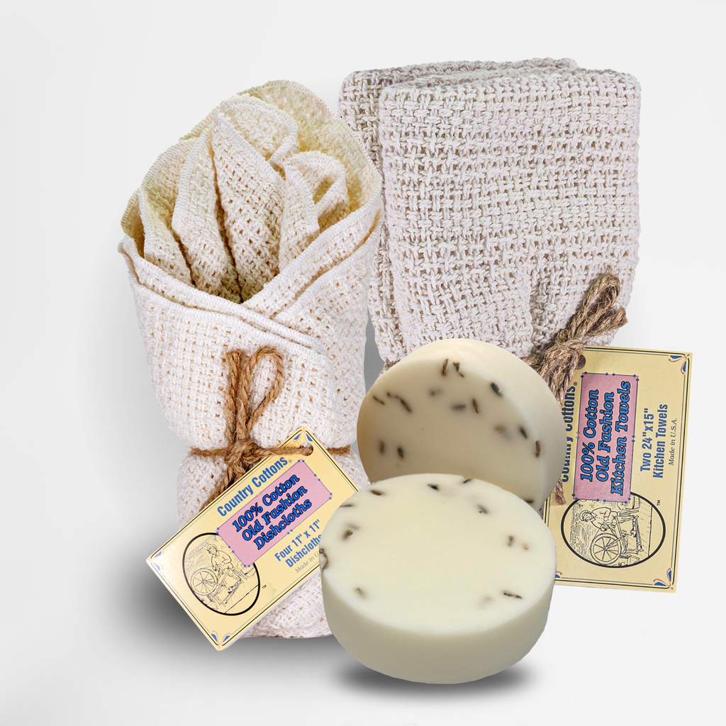 Starter Kit 100% Cotton Dishcloth 11" x 11" (4), Kitchen Towel 24" x 15" (2), Dish Soaps (1 Each Scent)