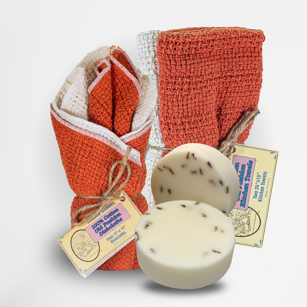 Starter Kit 100% Cotton Dishcloth 11" x 11" (4), Kitchen Towel 24" x 15" (2), Dish Soaps (1 Each Scent)