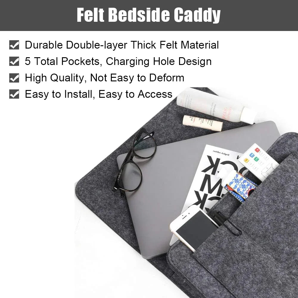 5-Pocket Felt Bedside Caddy Organizer, Bed/Sofa Storage Pockets for Tablet/Phone/Book/Magazine