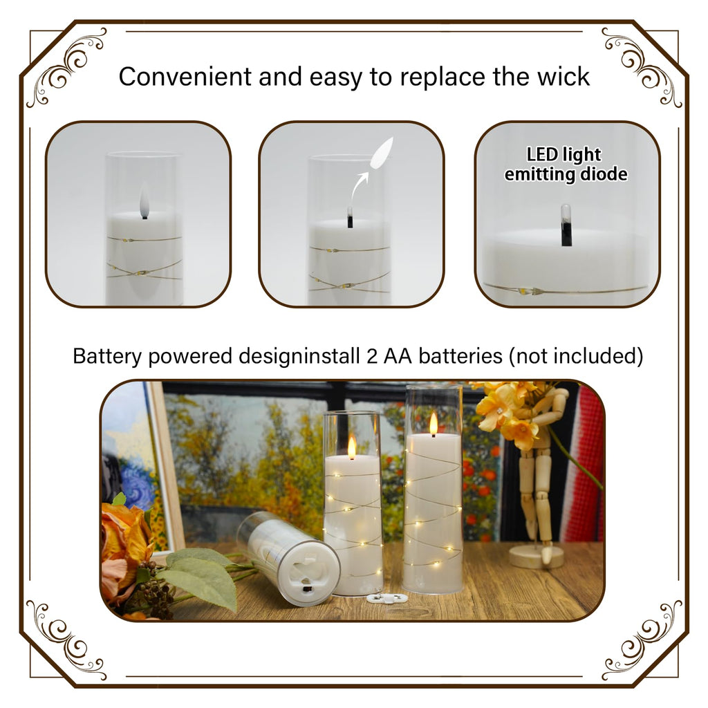 Flickering Flameless LED Candles, 9 Pcs with Embedded Star String, Acrylic LED Pillar Candles with Remote, Suitable for Home Decoration (Grey)
