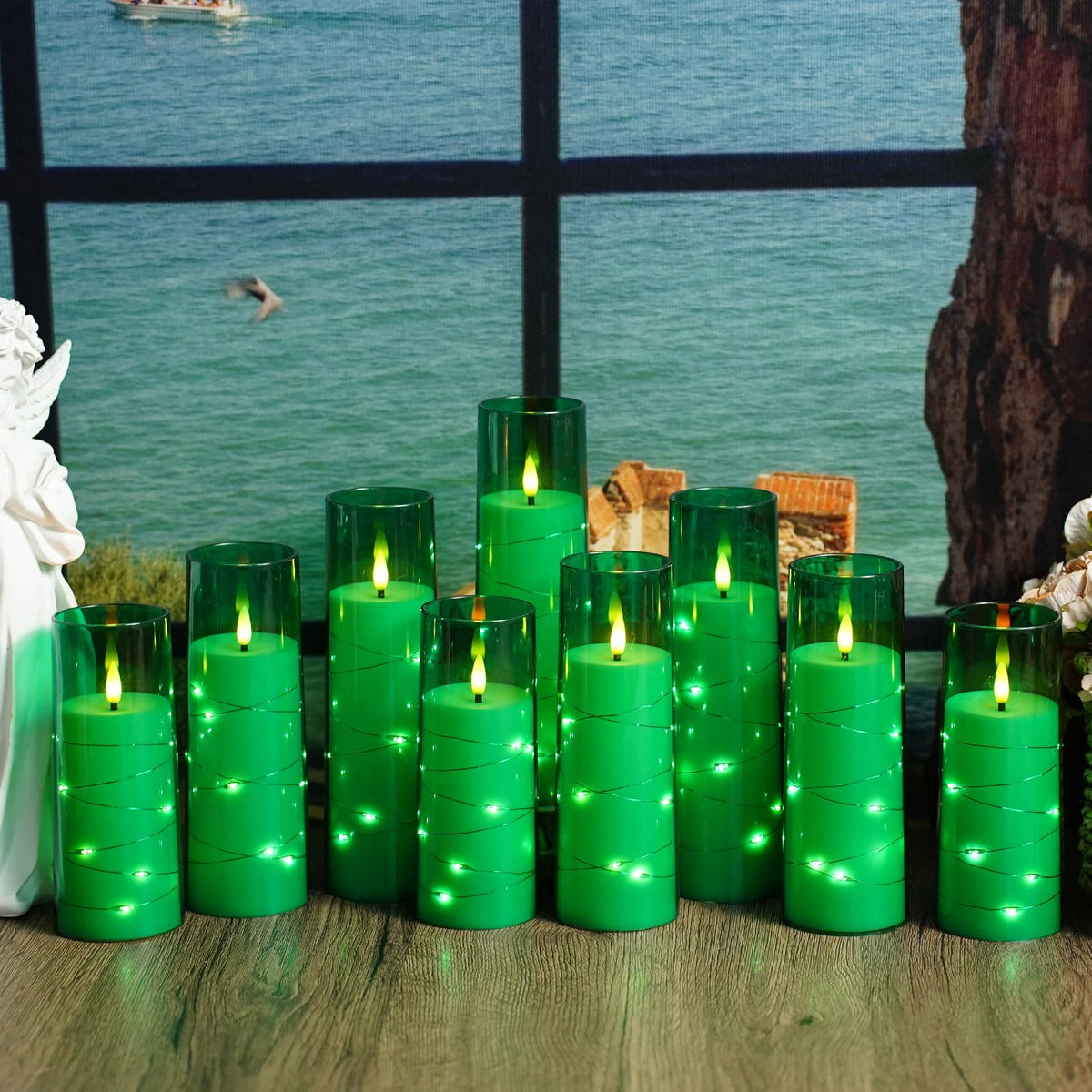 Flickering Flameless LED Candles, 9 Pcs with Embedded Star String, Acrylic LED Pillar Candles with Remote, Suitable for Home Decoration (Grey)