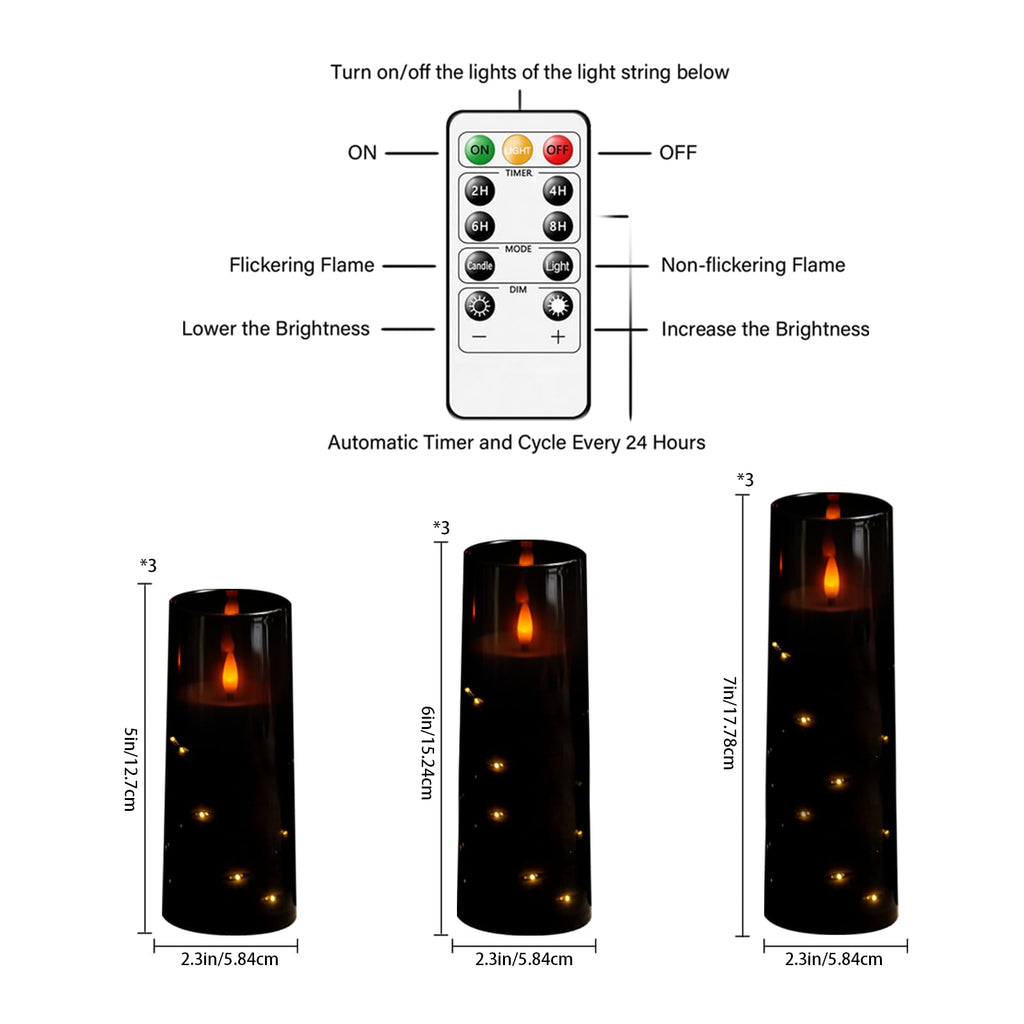 Flickering Flameless LED Candles, 9 Pcs with Embedded Star String, Acrylic LED Pillar Candles with Remote, Suitable for Home Decoration (Grey)