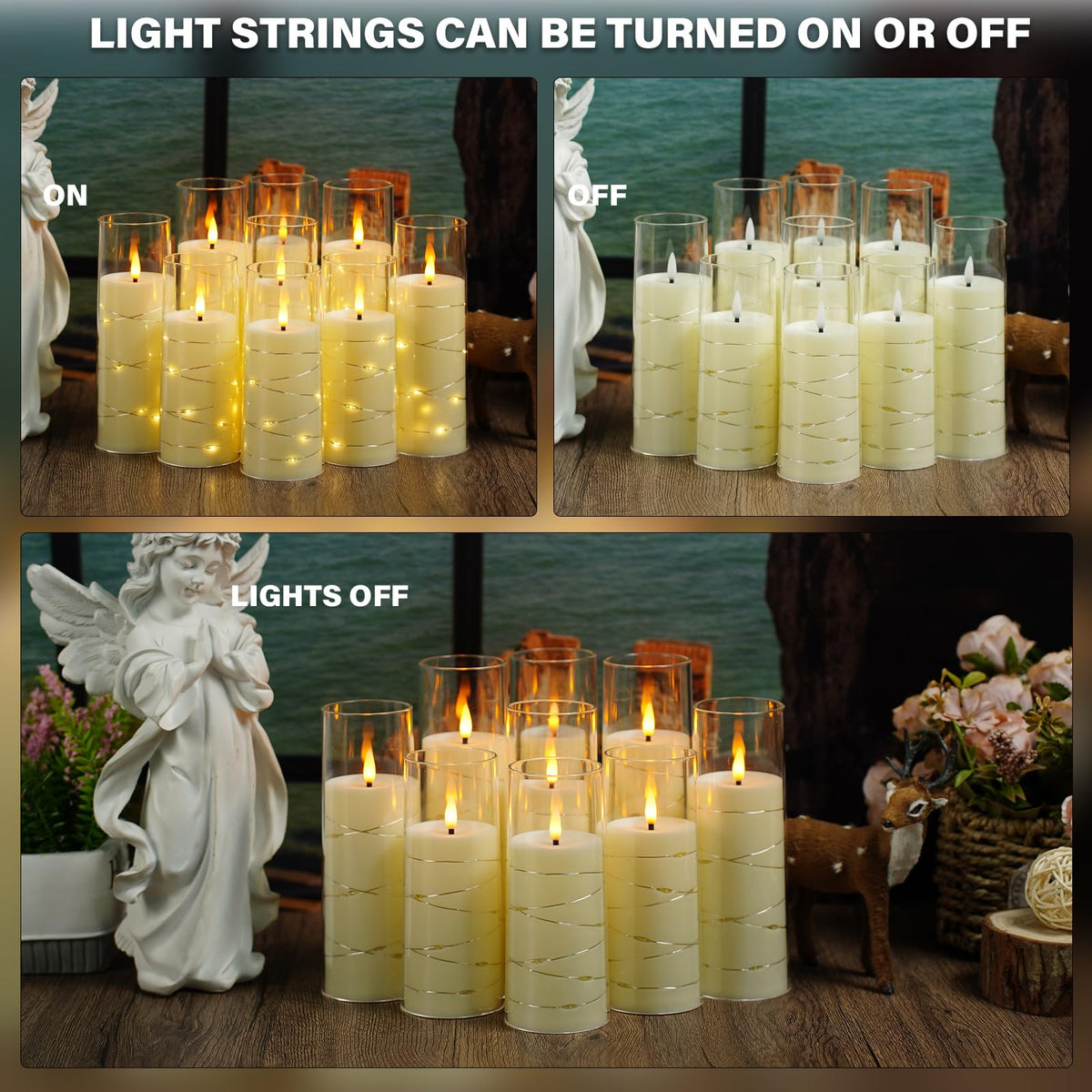 Flickering Flameless LED Candles, 9 Pcs with Embedded Star String, Acrylic LED Pillar Candles with Remote, Suitable for Home Decoration (Grey)