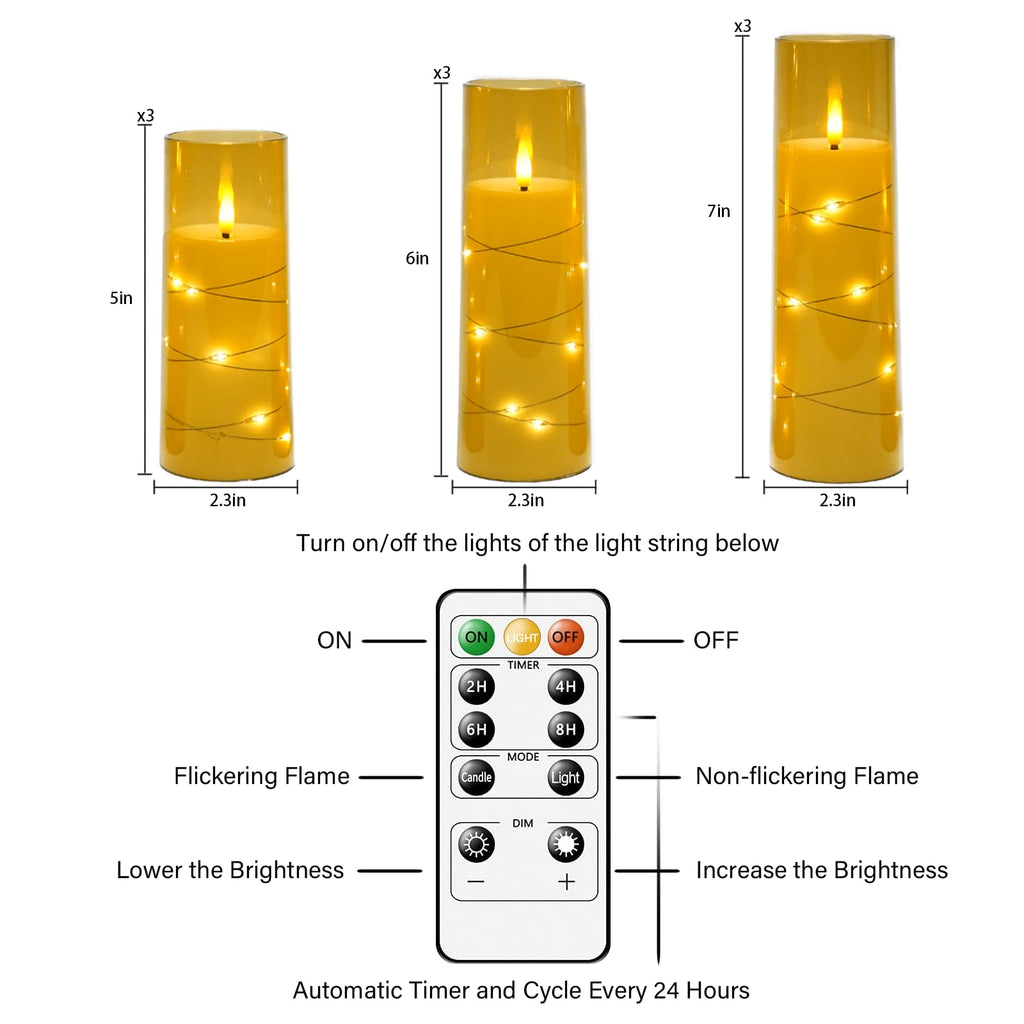 Flickering Flameless LED Candles, 9 Pcs with Embedded Star String, Acrylic LED Pillar Candles with Remote, Suitable for Home Decoration (Grey)