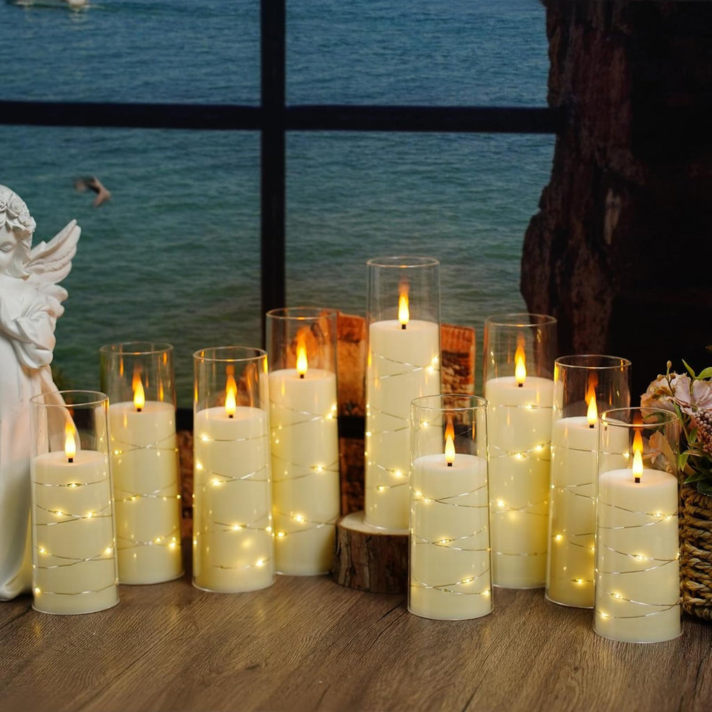 Flickering Flameless LED Candles, 9 Pcs with Embedded Star String, Acrylic LED Pillar Candles with Remote, Suitable for Home Decoration (Grey)