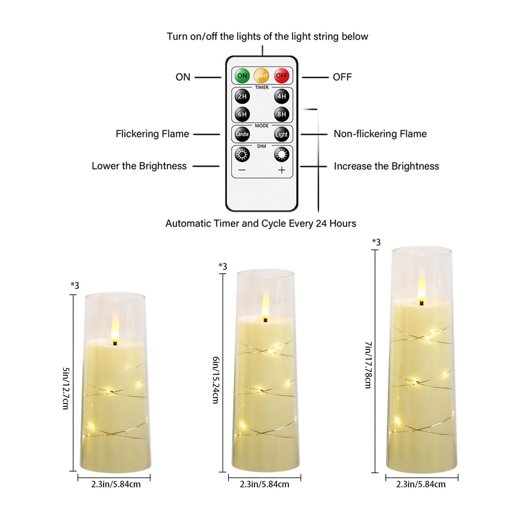 Flickering Flameless LED Candles, 9 Pcs with Embedded Star String, Acrylic LED Pillar Candles with Remote, Suitable for Home Decoration (Grey)