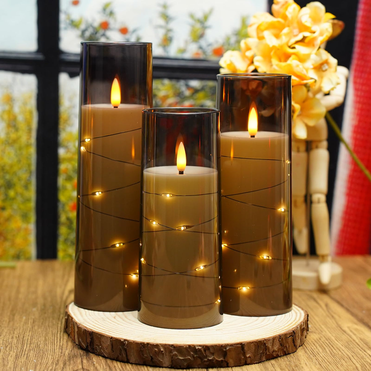 Flickering Flameless LED Candles, 9 Pcs with Embedded Star String, Acrylic LED Pillar Candles with Remote, Suitable for Home Decoration (Grey)