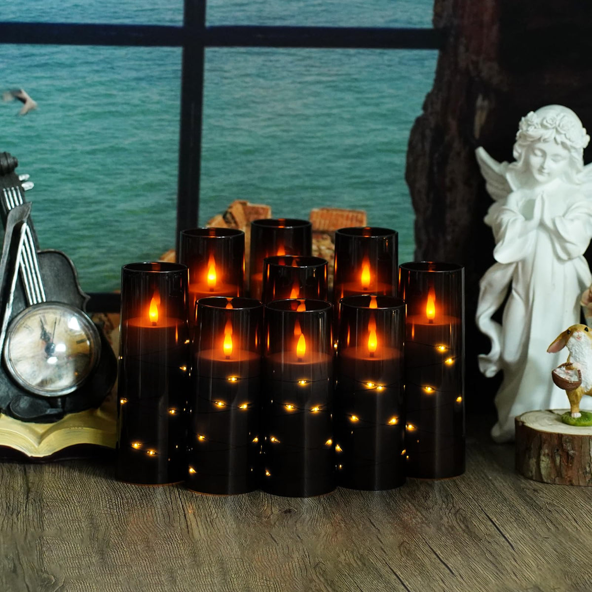 Flickering Flameless LED Candles, 9 Pcs with Embedded Star String, Acrylic LED Pillar Candles with Remote, Suitable for Home Decoration (Grey)