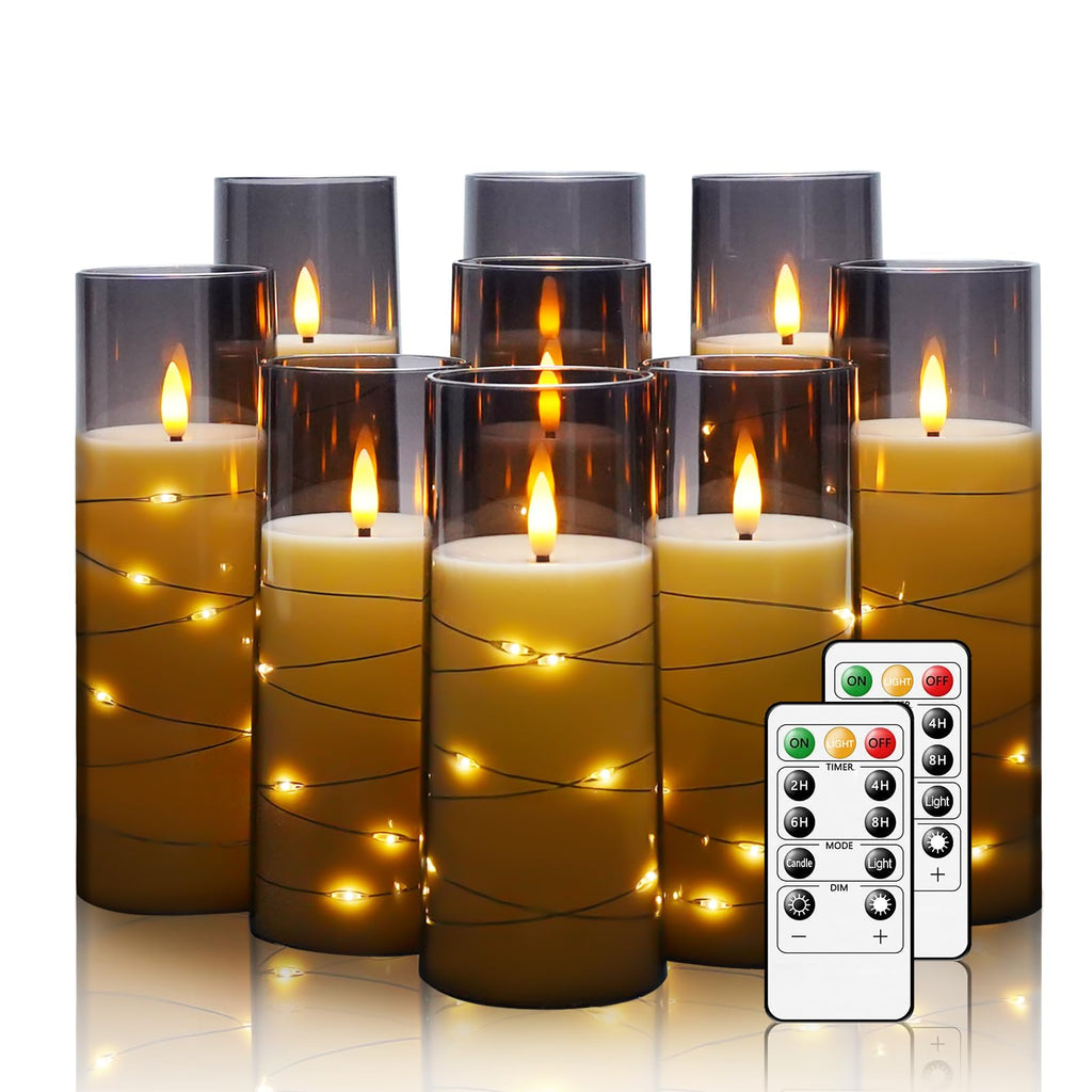 Flickering Flameless LED Candles, 9 Pcs with Embedded Star String, Acrylic LED Pillar Candles with Remote, Suitable for Home Decoration (Grey)