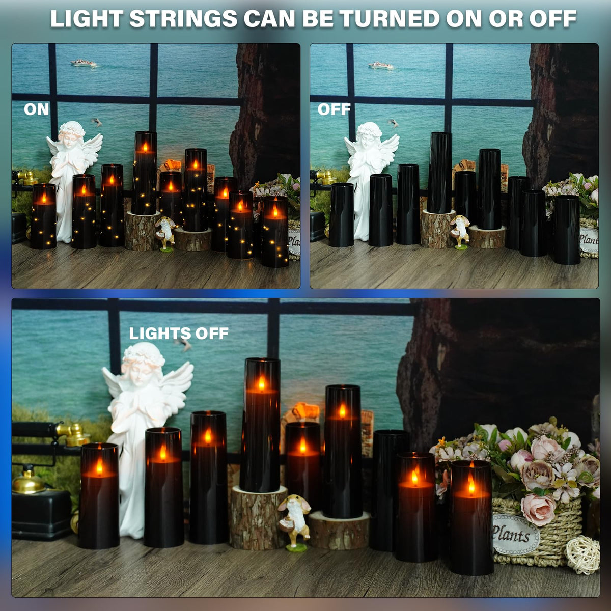 Flickering Flameless LED Candles, 9 Pcs with Embedded Star String, Acrylic LED Pillar Candles with Remote, Suitable for Home Decoration (Grey)