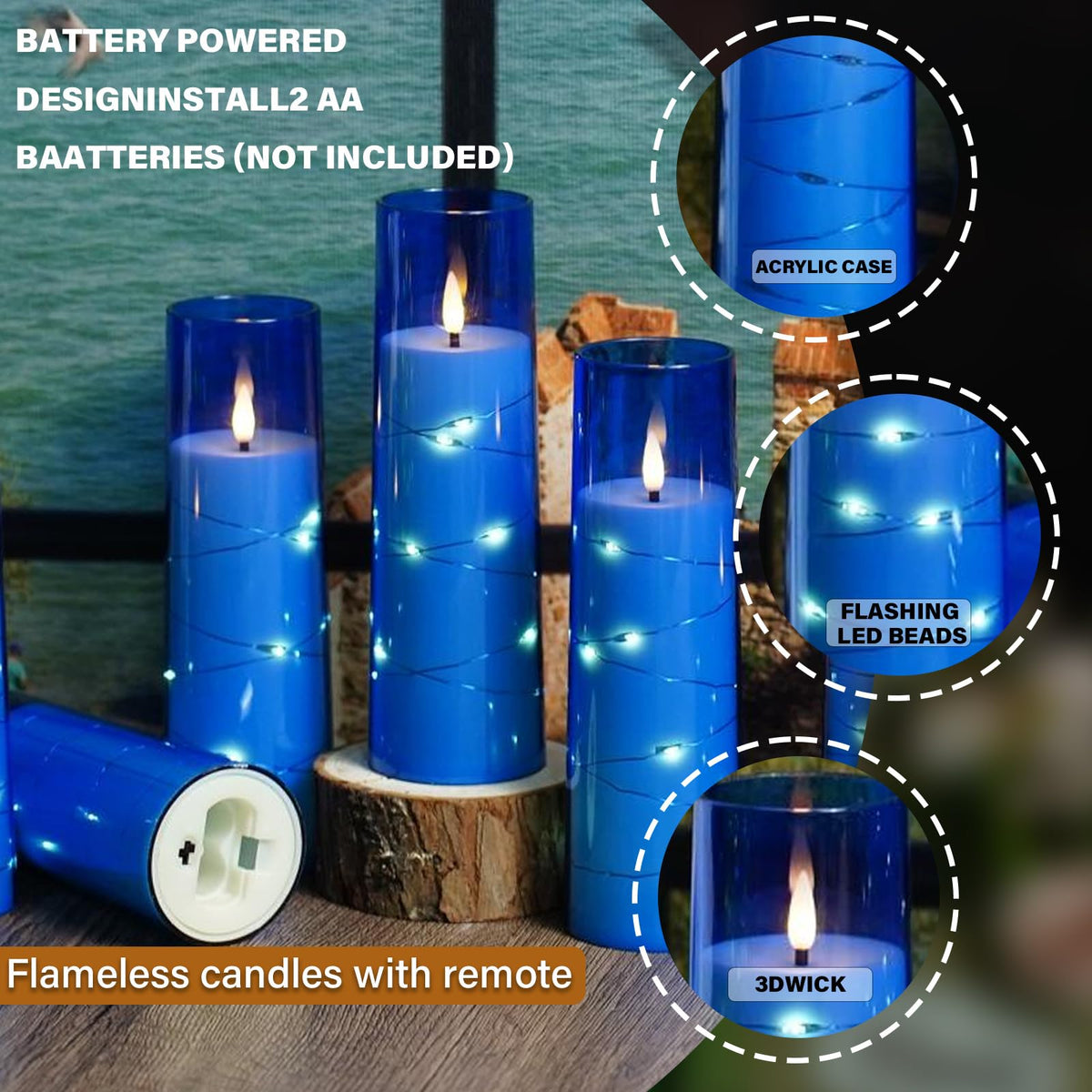 Flickering Flameless LED Candles, 9 Pcs with Embedded Star String, Acrylic LED Pillar Candles with Remote, Suitable for Home Decoration (Grey)