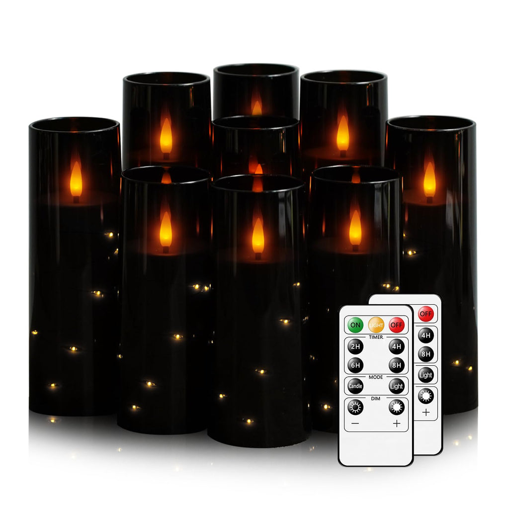 Flickering Flameless LED Candles, 9 Pcs with Embedded Star String, Acrylic LED Pillar Candles with Remote, Suitable for Home Decoration (Grey)