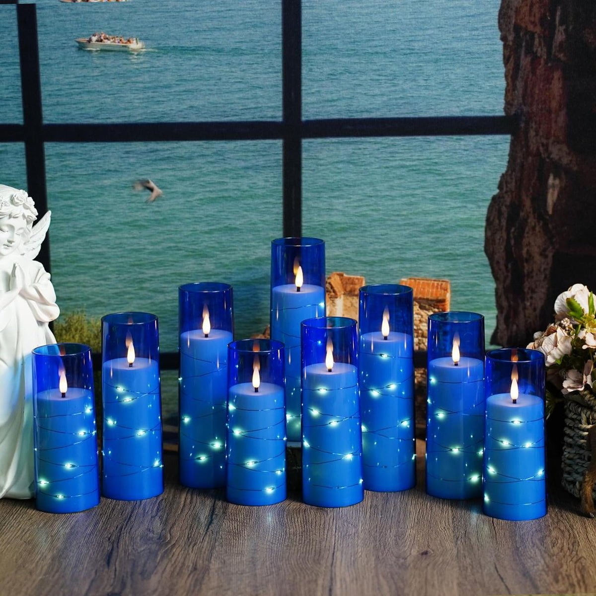 Flickering Flameless LED Candles, 9 Pcs with Embedded Star String, Acrylic LED Pillar Candles with Remote, Suitable for Home Decoration (Grey)