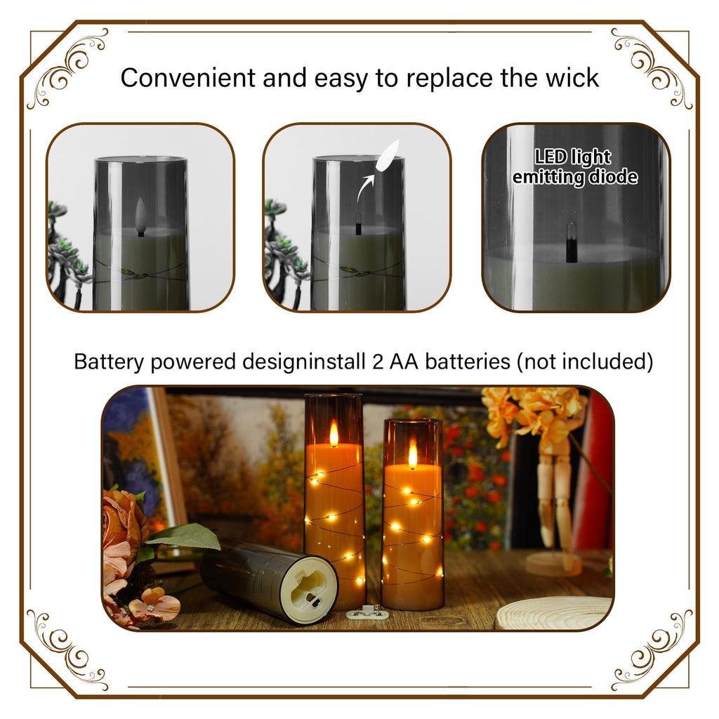 Flickering Flameless LED Candles, 9 Pcs with Embedded Star String, Acrylic LED Pillar Candles with Remote, Suitable for Home Decoration (Grey)