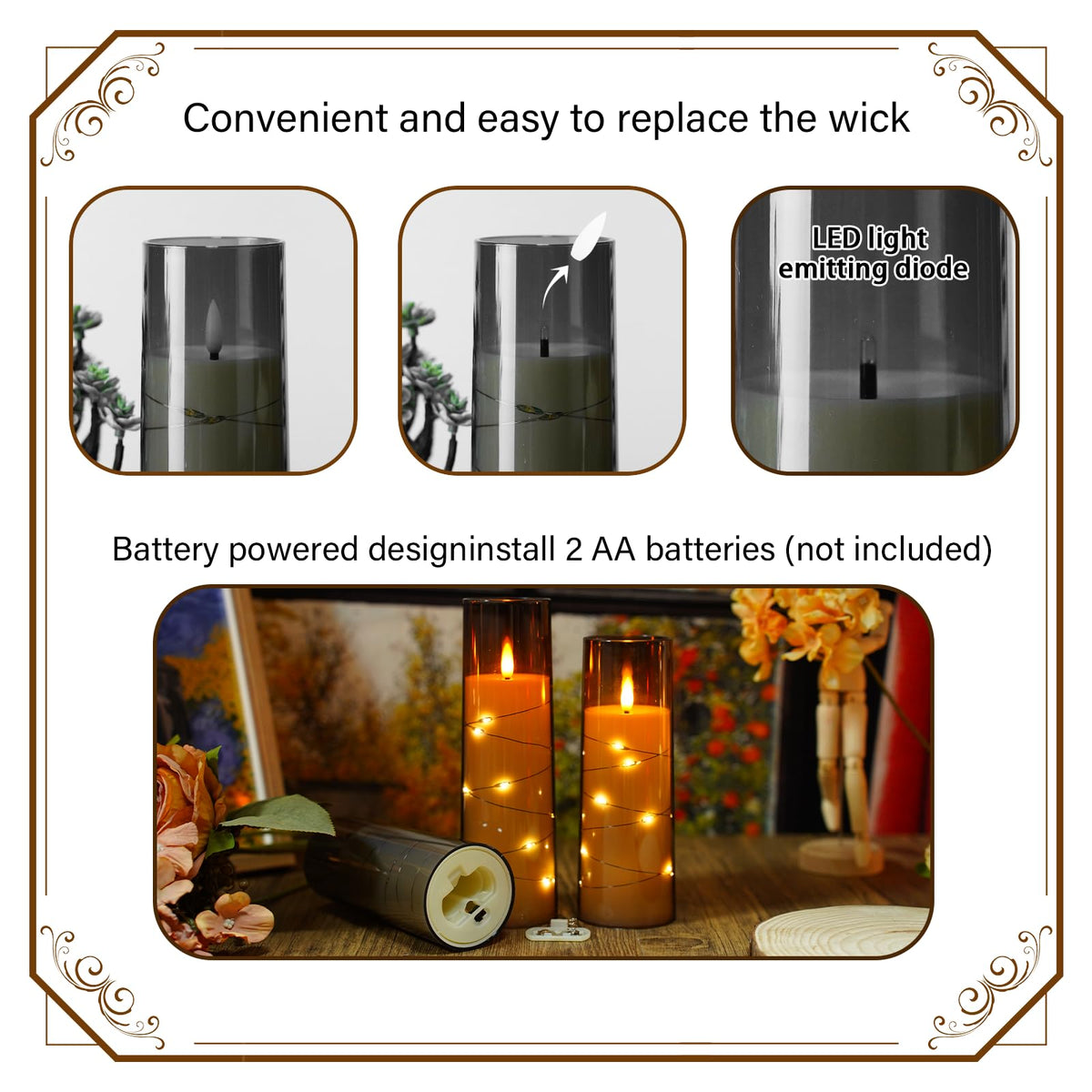 Flickering Flameless LED Candles, 9 Pcs with Embedded Star String, Acrylic LED Pillar Candles with Remote, Suitable for Home Decoration (Grey)