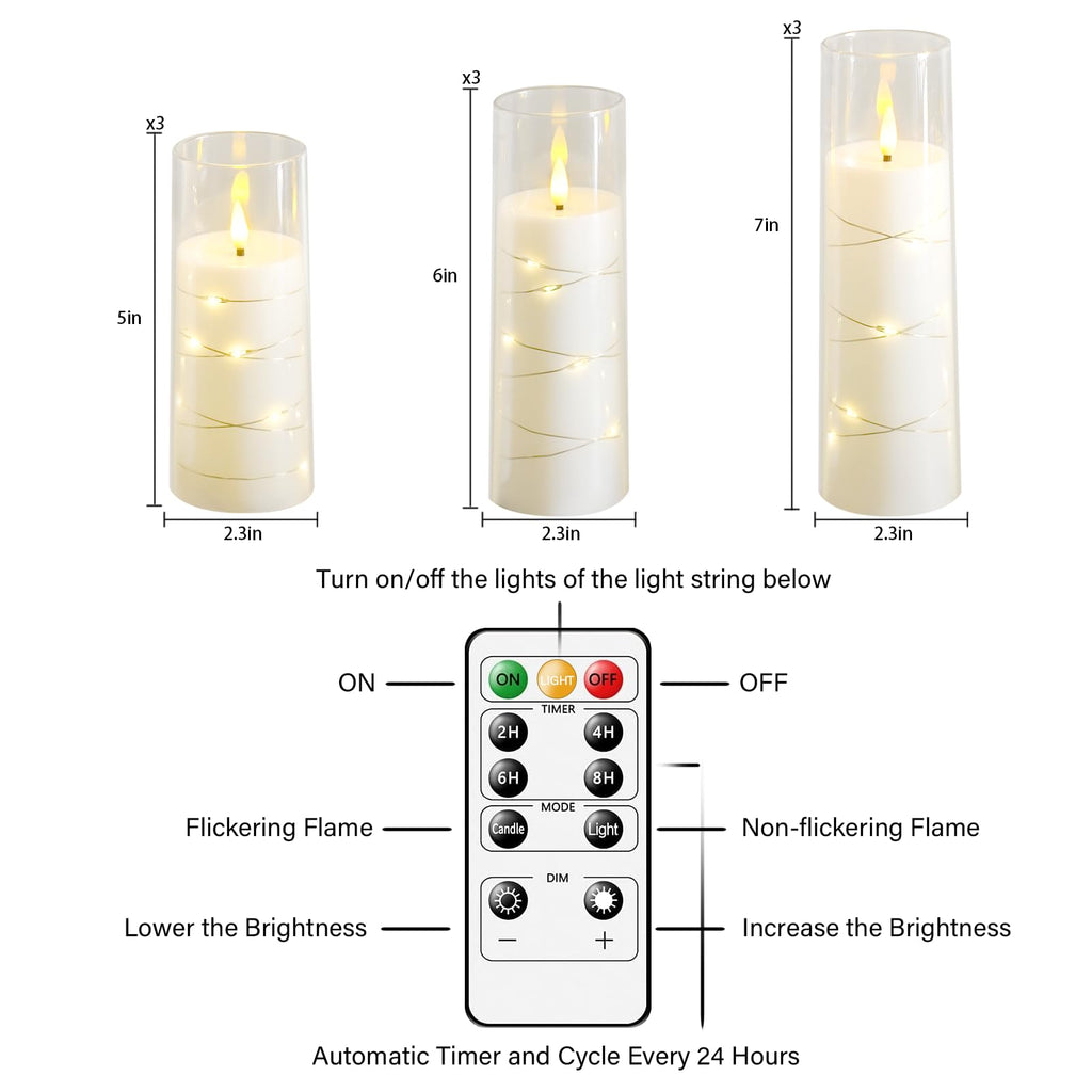 Flickering Flameless LED Candles, 9 Pcs with Embedded Star String, Acrylic LED Pillar Candles with Remote, Suitable for Home Decoration (Grey)