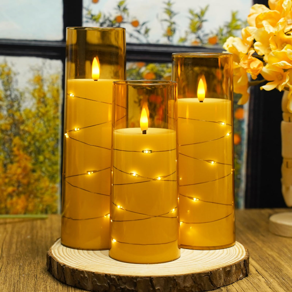 Flickering Flameless LED Candles, 9 Pcs with Embedded Star String, Acrylic LED Pillar Candles with Remote, Suitable for Home Decoration (Grey)
